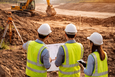 Engenheiros avaliando terreno em obra de terraplanagem com escavadeira ao fundo preparando área para construção